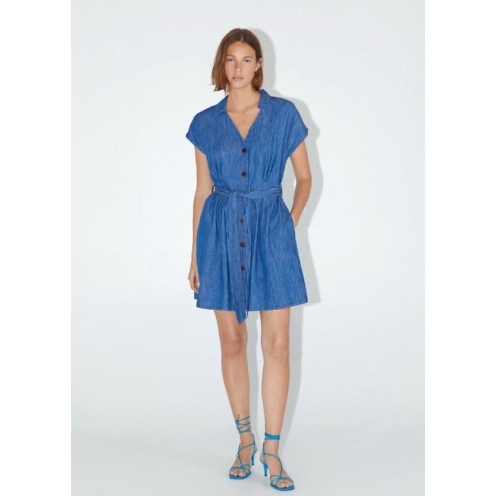 Zara Women’s Denim Dress Belted Button Down Vneck See Size M Description